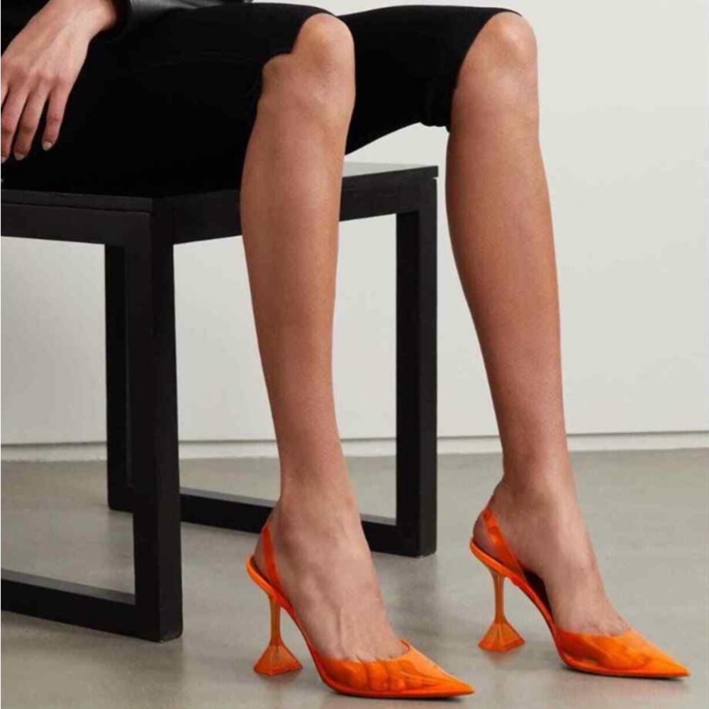 Amina Muaddi Orange Holli Glass Pointed Toe PVC Slingback Pumps  Narrow Size 38